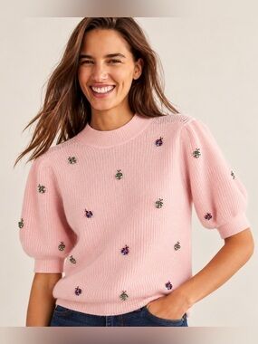 Boden | Jeweled Beetle Puff Sleeve Sweater | Pink Small